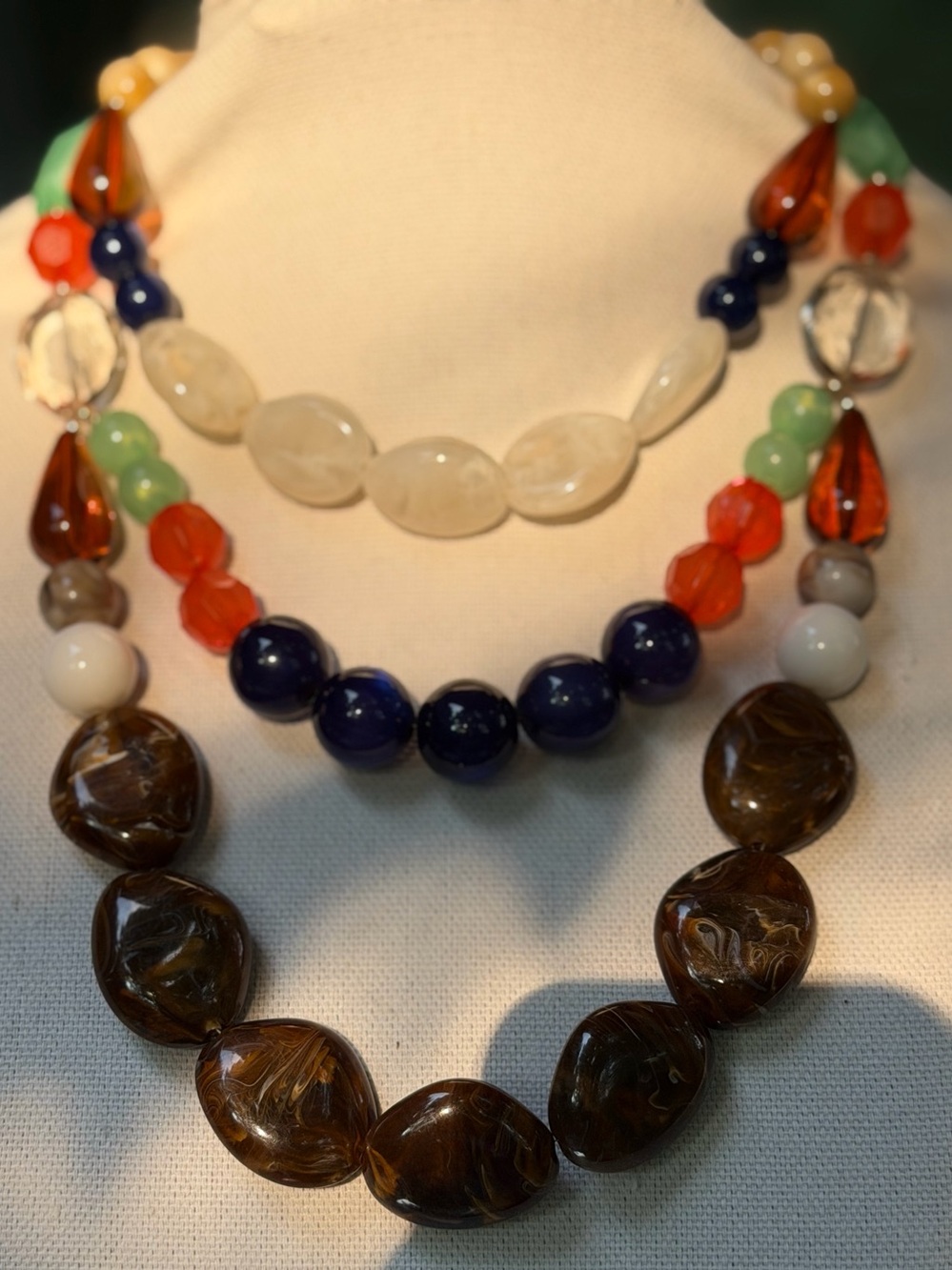 Vintage Style Triple-Strand Chunky Statement Necklace, 17” + 1” Extender